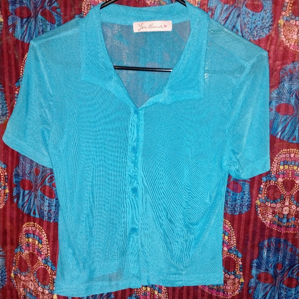 Love Hannah Blue Sheer Mesh Crop Top